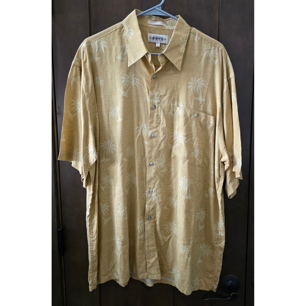 Campia Moda Mens L Beige Hawaiian 100% Rayon Palm Tree Short Sleeve Button Down